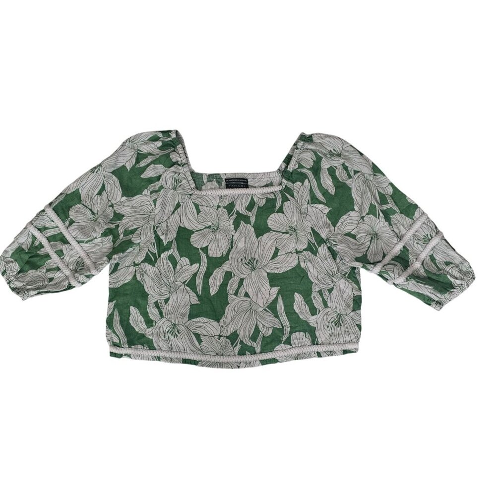 Tahari Women's Green White Floral Linen Square Neck 3/4 Sleeve Blouse Size XL - Picture 2 of 15